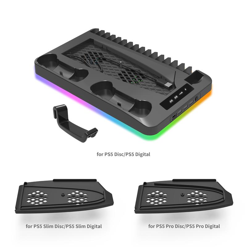 Gaming Console Charging Base, Dual Charging Stand with Earphone Hook, Vertical Cooling Support, Console Accessories for PS5 Controller, Charging Dock Accessories