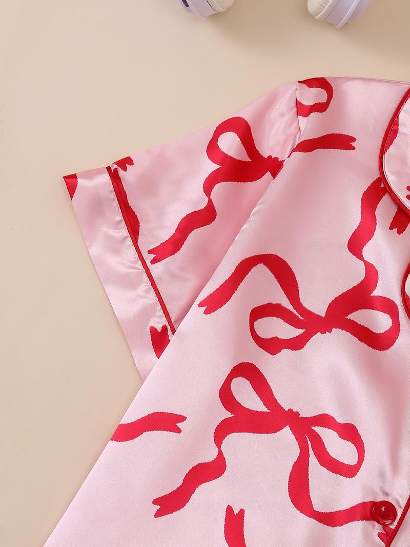 Elegant Women's Pajama Set, Bowknot Print Short Sleeve Top & Elastic Shorts, Valentine's Day Homewear, Casual Sleepwear