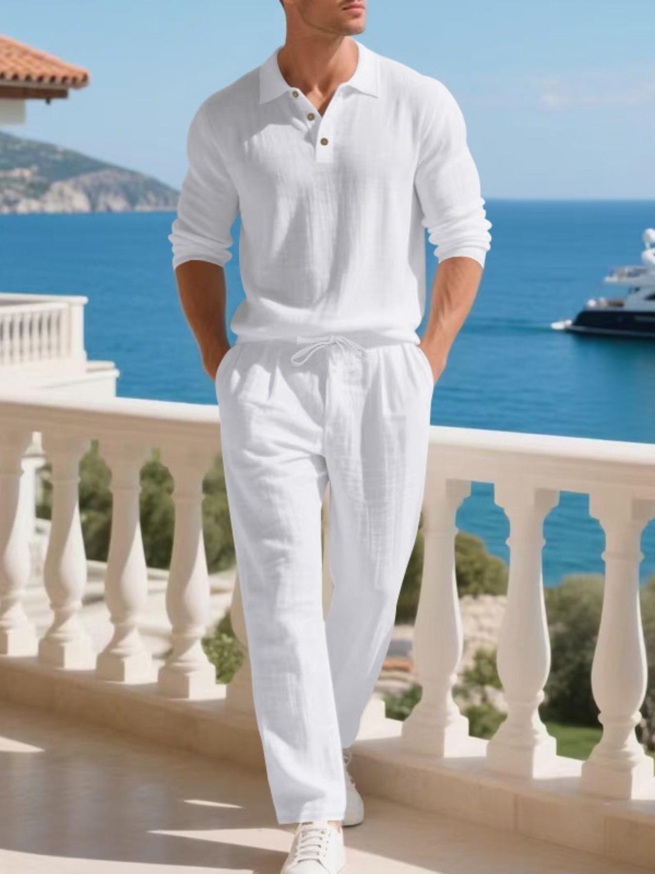 Men's Linen Shirt Set, Old Money Aesthetic Casual Elegant Comfortable Men's Clothing, Skin-Friendly Breathable Fabric for Beach Vacation Home Use