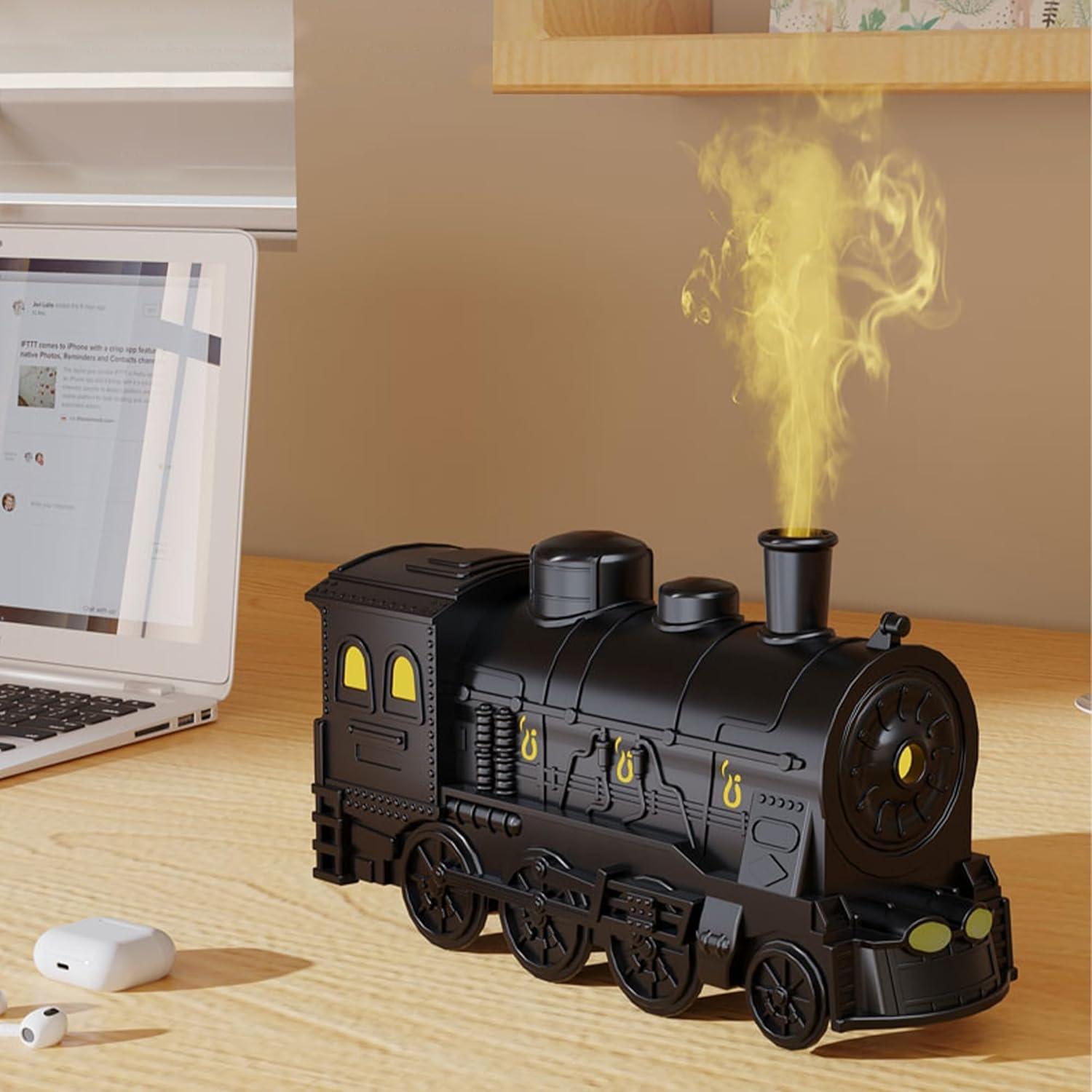 Essential Oil Diffuser, Steam Train Aromatherapy Diffuser， 300 ml Retro Train Humidifier, with 7 Colors Light 2 Mist Modes, Simulate Train Sound，Bedroom Home Office(Black)