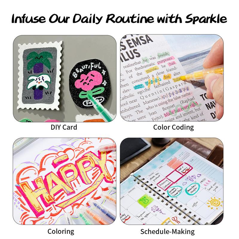 Glitter Highlighter Marker Pen, 6 Counts/set Double Color Highlighter Marker Pen, No Bleed Colors Highlighter Marker Pen for Journaling, Students School Office