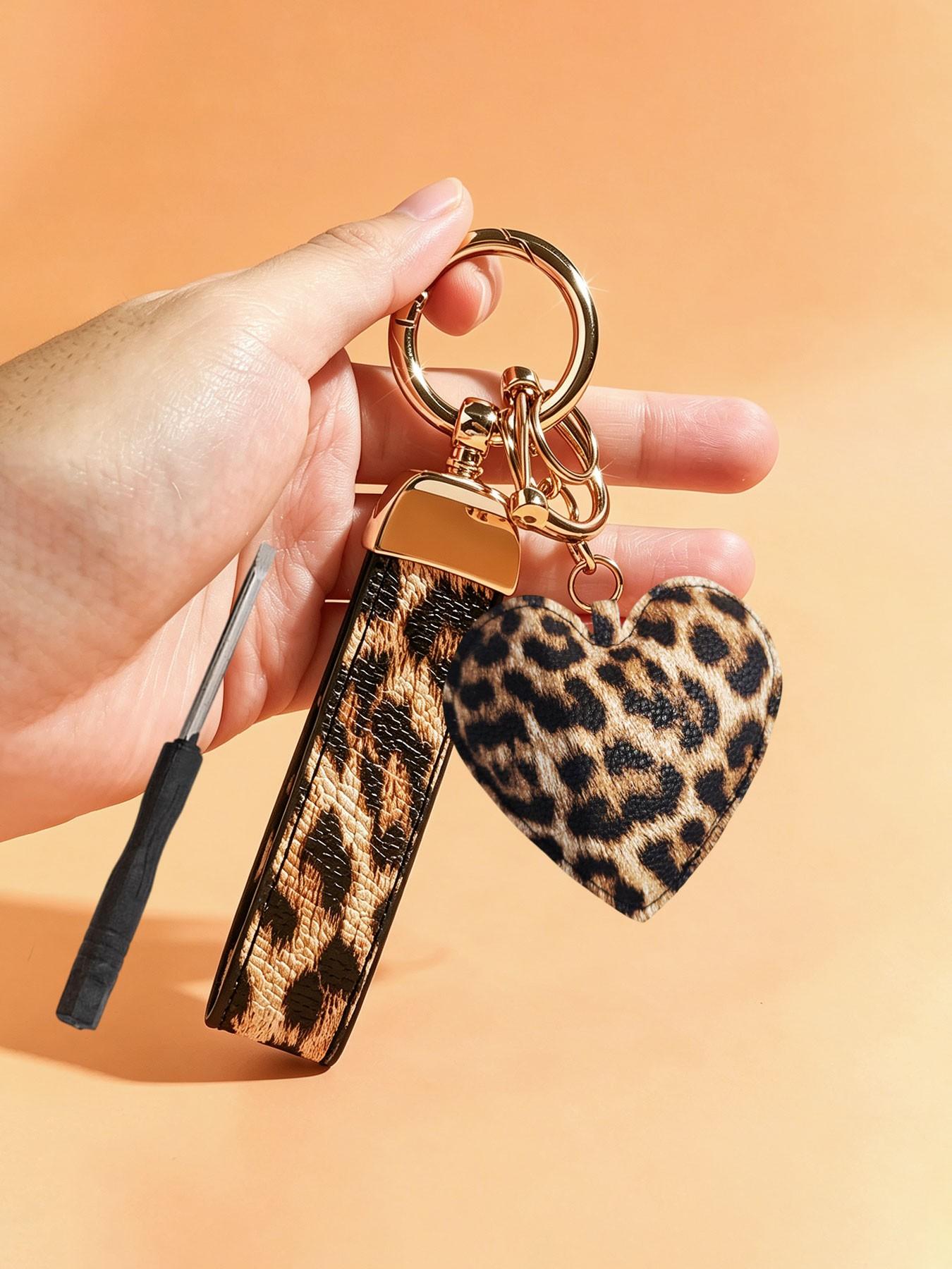 Leopard Print Heart/Star Purse Charm Bag Keyring & Leopard Print Car Key Fob Lanyard with Anti-Lost D-Ring Faux PU Leather Keychain Car Key Holder Strap Animal Cheetah Print Car Key Handbag Charms Bag Pendant Backpack Automotive Accessories Couple Gift