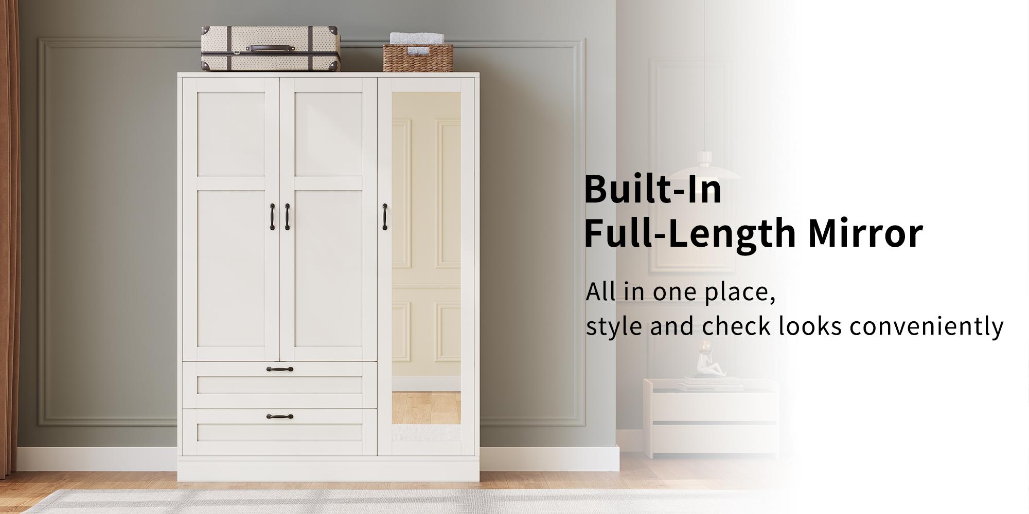 FUSOU 5-in-1 Wardrobe Closet with Full Length Mirror and 2 Drawers, Freestanding Storage Cabinet with Adjustable Shelves, Modern White Wood Armoire for Bedroom Organization FUSOU 5-in-1 Wardrobe Closet with Full Length Mirror and 2 Drawers, Freestanding Storage Cabinet with Adjustable Shelves, Modern White Wood Armoire for Bedroom Organization