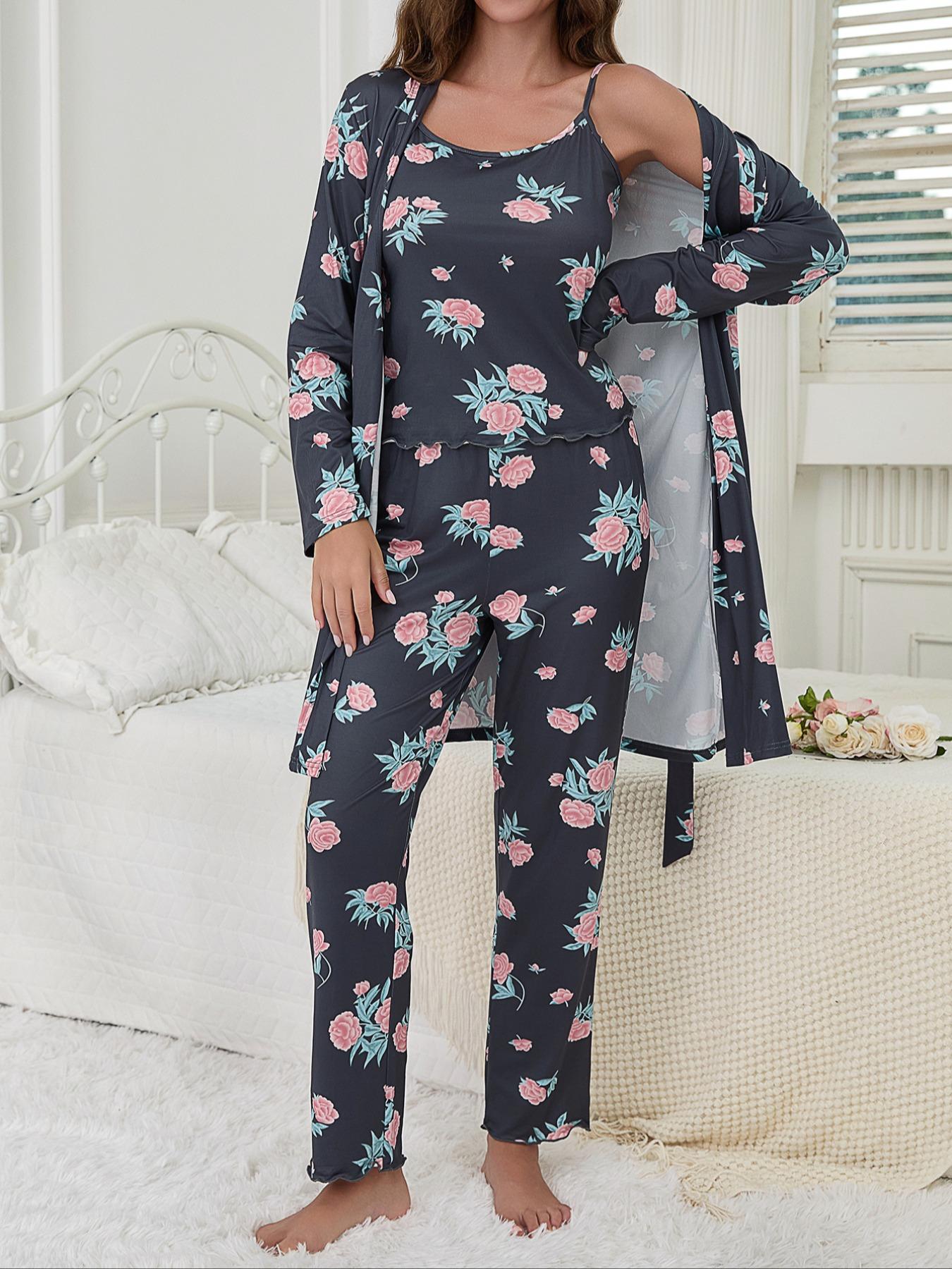 Women's Floral Print Strap Pants Set, Casual Fitted Sleepwear with Belted Long Sleeve Robe, All Season Comfortable Loungewear
