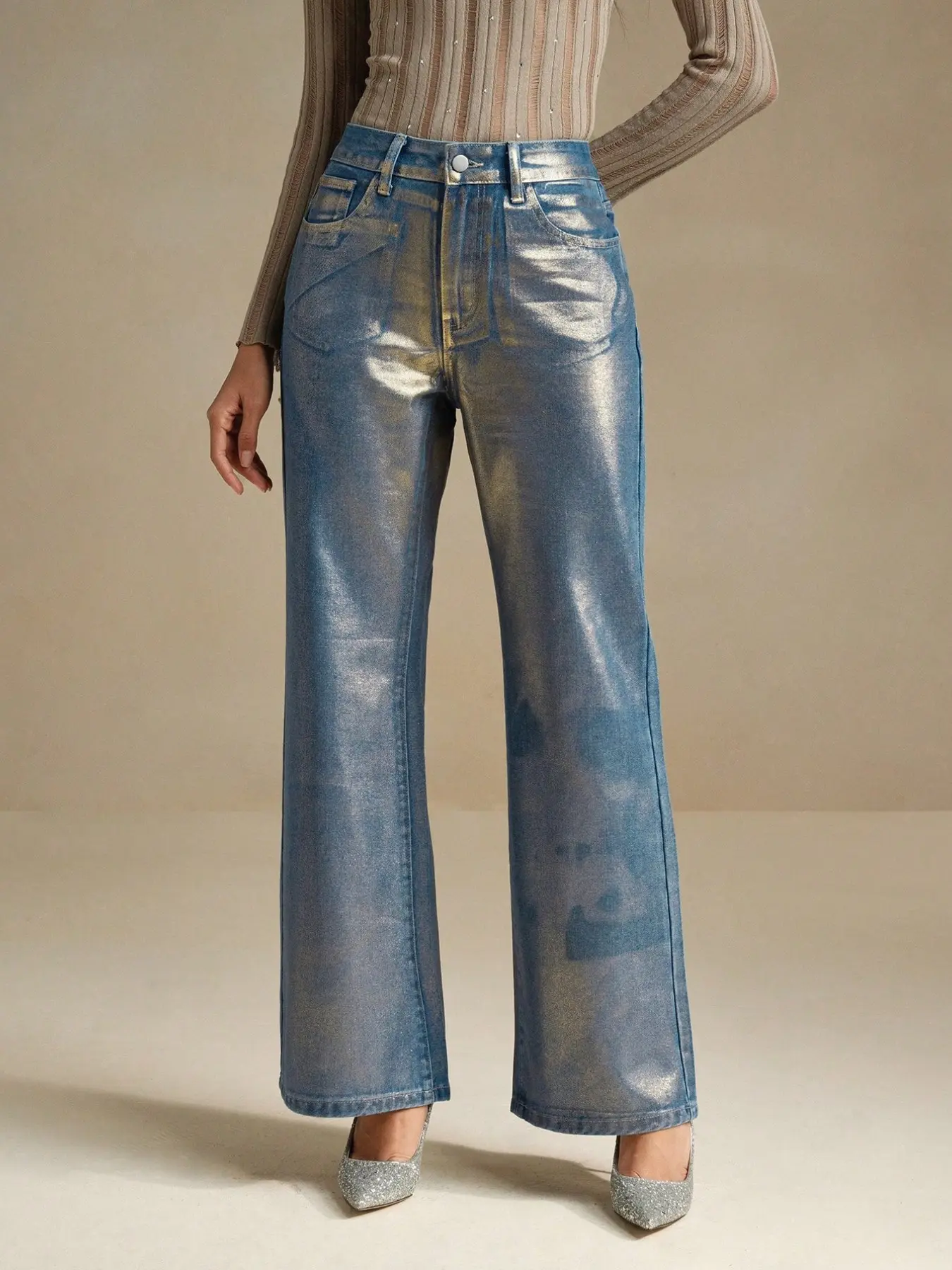 Y2K Vintage Washed Blue Gold Metallic Coated Jeans, High Waisted Straight Wide Leg Denim Pants