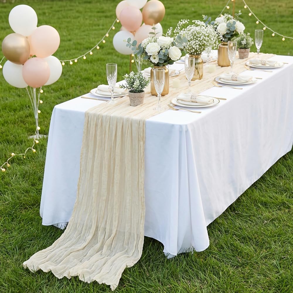 Beige Cheesecloth Table Runner 10FT Summer Boho Gauze Runner Fabric for Wedding Reception Party Decor Bridal Shower Bulk Table Decorations