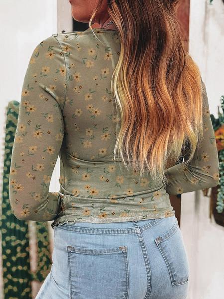 Vintage Floral Print Southern Style Mesh Long Sleeve Top, Women's Casual Fashion, Spring & Fall Wear, Comfortable and Stylish