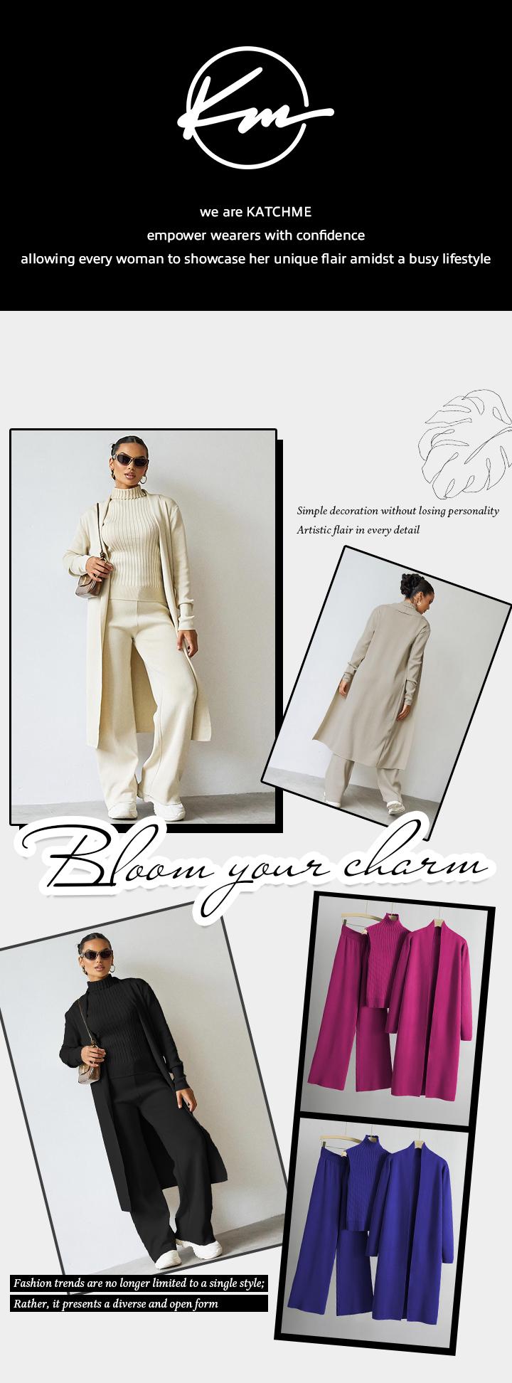 KatchMe Women's Three-Piece Set Solid Turtle Neck Tank Top & Wide Leg Trousers & Open Front Long Cardigan Set, Women Clothes for Fall & Winter