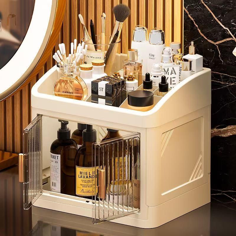 Transparent Foldable Cosmetic Storage Box, Multi-Layer Dual Door Desktop Dustproof Skincare Organizer, Desk Makeup Container, Makeup Tool Organizer, Beauty Organizer, Organizing Tool, Storage Organizer, Dustproof Makeup Organiser