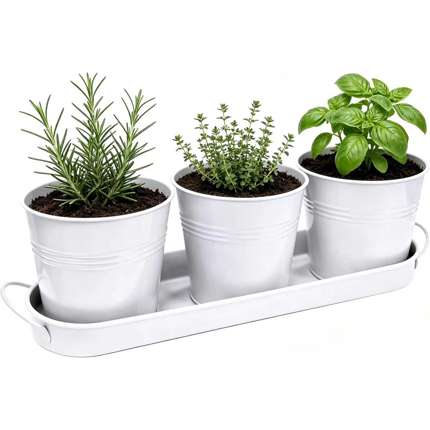 Indoor  Garden Planter Set - 3 Pack 4.7" White Metal  Pots with Drainage Holes & Removable Tray - Windowsill Kitchen Counter Balcony Office Garden