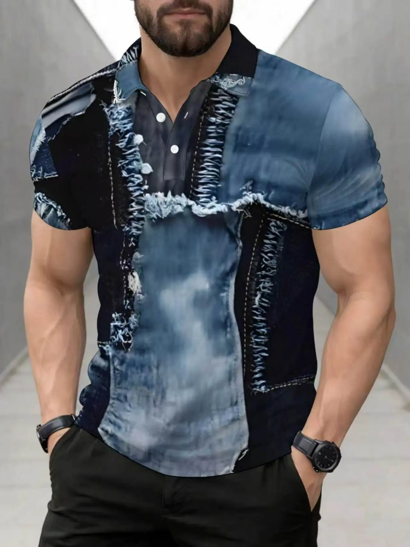 Men's Casual Collared Short Sleeve Polo Shirt, Blue Denim Patchwork, Button Neck, Fashion Beach & Leisure Top