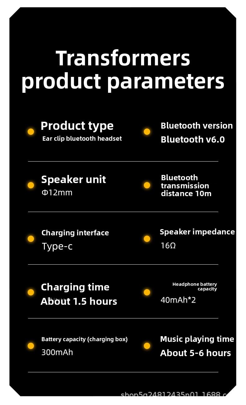 Transformers TF-T93 Ear-Clip True Wireless Bluetooth 6.0 Earbuds with Mic, Zinc Alloy Armor Case, Low Latency Game/Music Modes, Hi-Fi 12mm Drivers, Secure Fit Sports Earphones (Megatron Black)