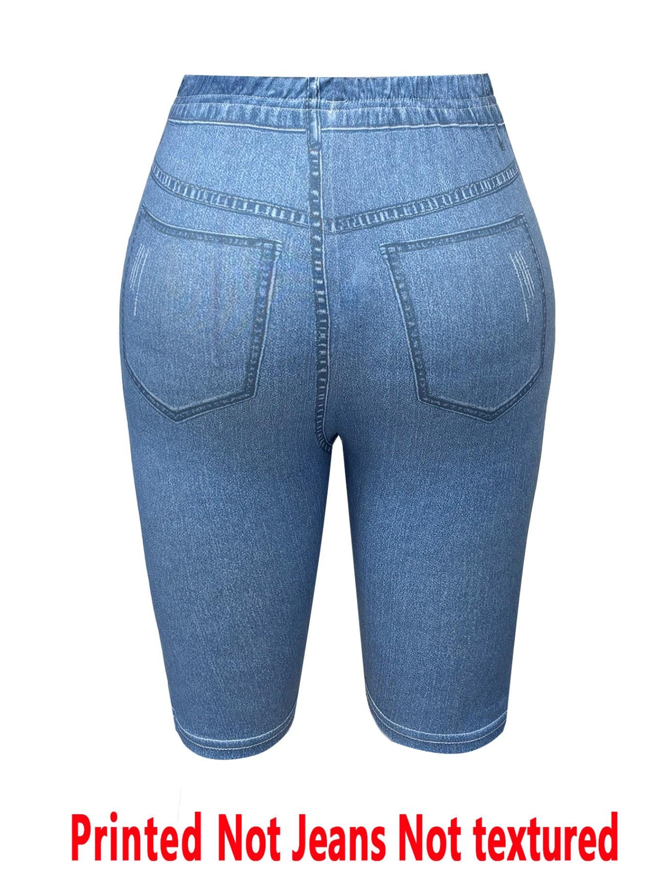 Women's Printed Skinny Pants Non-Denim Fabric, Ladies Half-Length Shorts, Faux Denim Print Bottoms, All Seasons Clothing