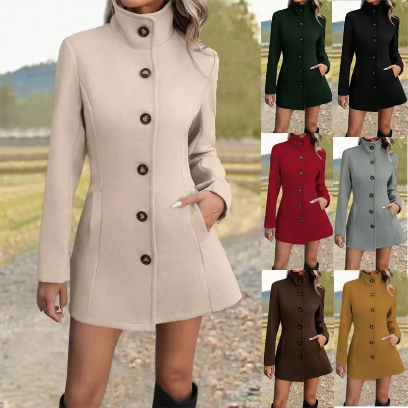 Fall Winter Stand Collar Wool Blend Coat for Women, Single Breasted Mid Length Slim Fit Fitted Waist Casual Office Peacoat Jacket