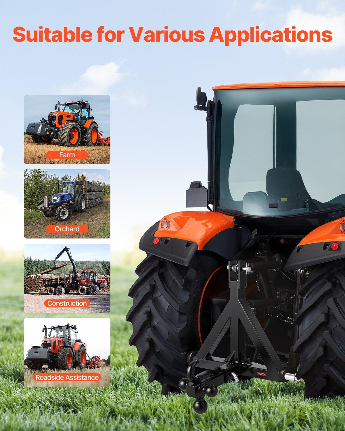 VEVOR 3 Point Trailer Hitch 2 in Receiver, 3pt Quick Hitch Attachment with 3 Trailer Balls, Tractor Tow Drawbar Adapter, Compatible with Kubota, Mahindra, Ford, Yanmar, John Deere, Massey Ferguson