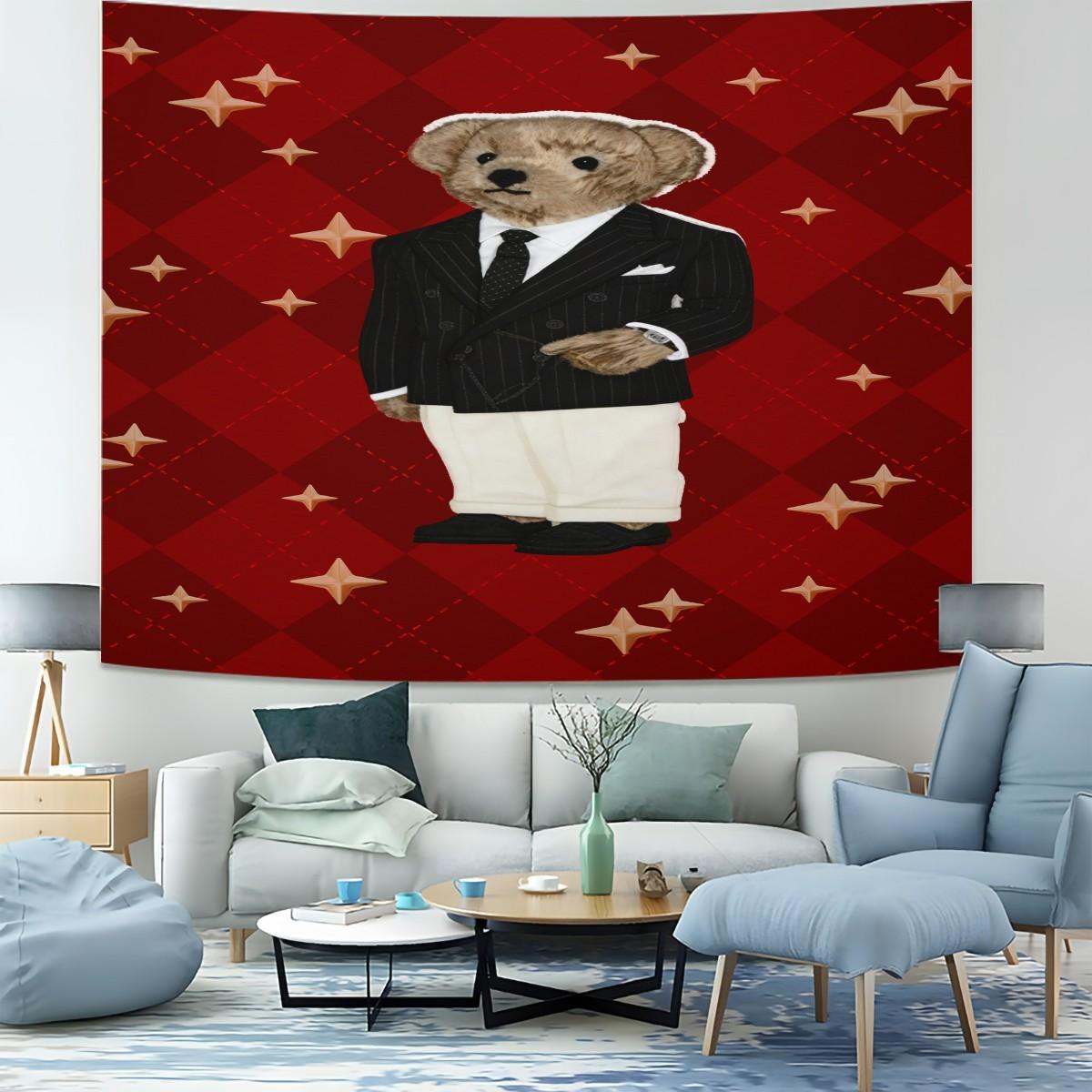 Vintage American Polo Bear Tapestry, Red Gentleman Bear Multi-Style, Wrinkle-Resistant, Wall Hanging Decor for Living Room Bedroom Backdrop