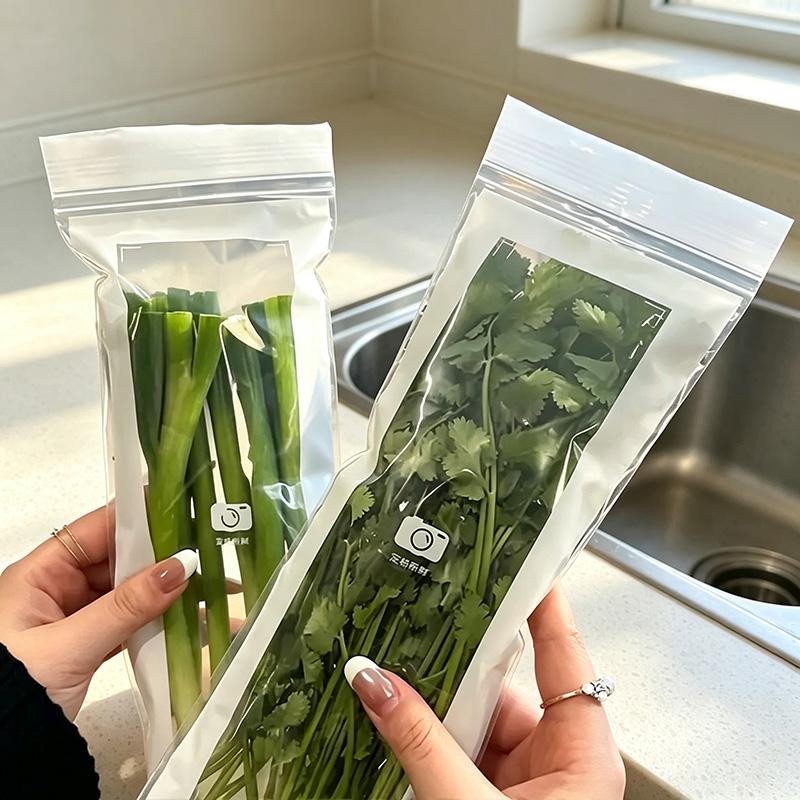 50pcs Grade PE Plastic Long Strip Storage Bags with Snap Buttons - Airtight Seal Kitchen Preserving Containers, Disposable Durable Transparent, Space-Saving for Refrigerator Fruits, Meat