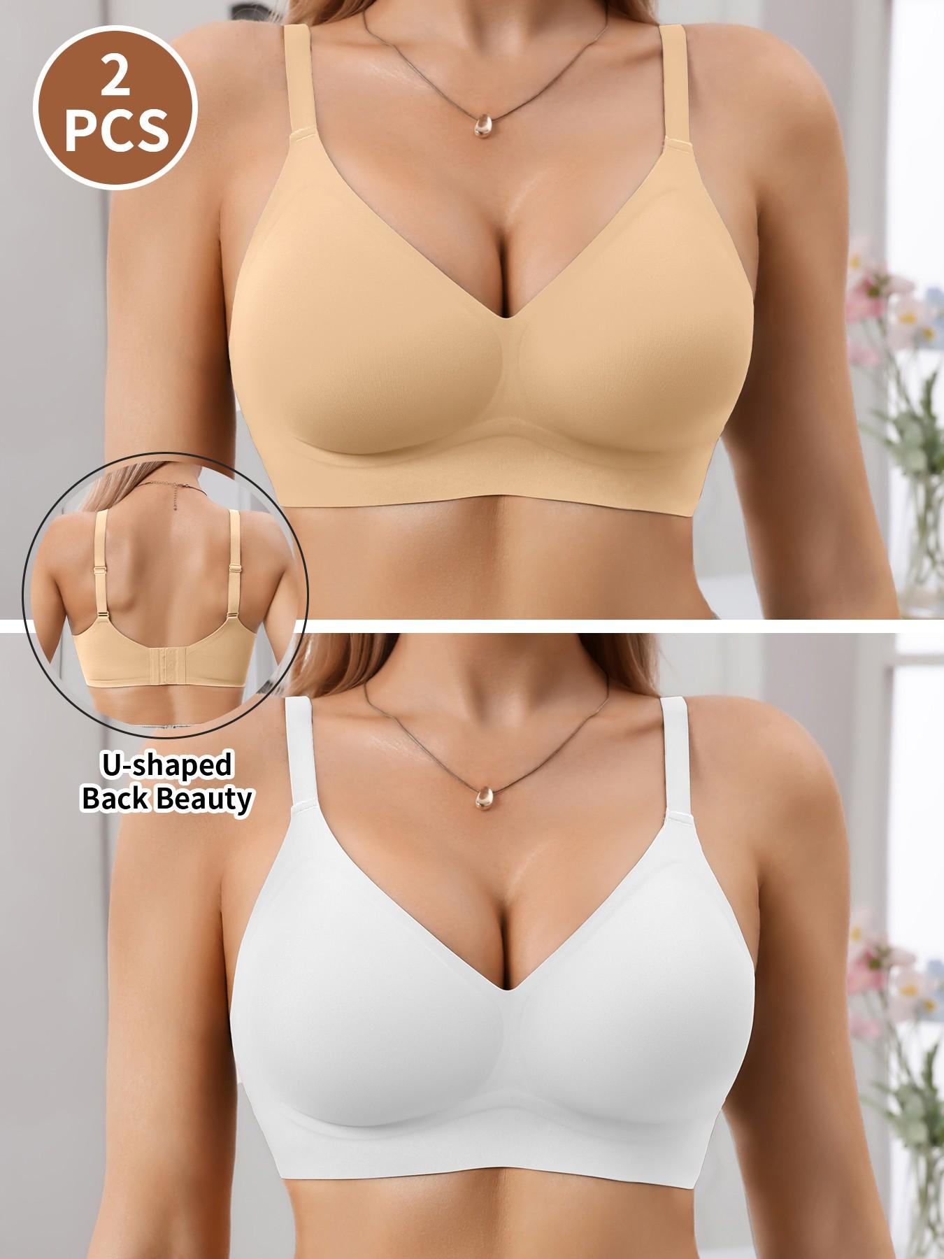 Jelly Bra Sexy V-Neck Gathered Wireless No Underwire Half Fixed Cup Pad Soft Comfort Women Daily Bra, Adjustable Strap, Medium Support, All Seasons