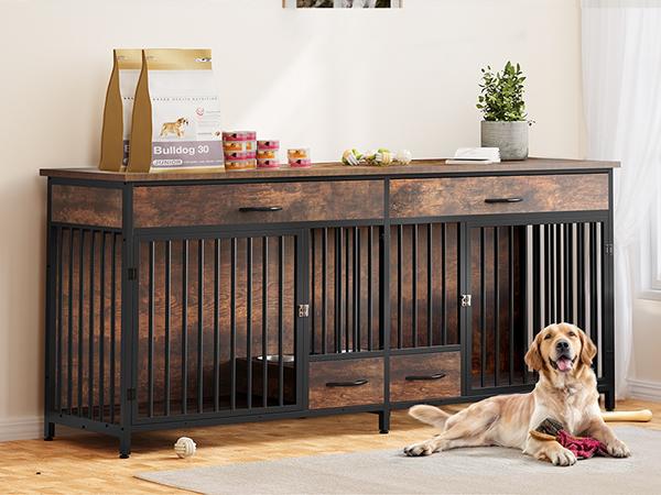DWVO 91.3" Double Large Dog Crate Furniture with Dog Feeder, Large Dog Kennel Indoor with Drawers, Heavy Duty Wooden Dog Crate with 2 Room Divider for 2 Medium Large Dogs DWVO 91.3" Double Large Dog Crate Furniture with Dog Feeder, Large Dog Kennel Indoor with Drawers, Heavy Duty Wooden Dog Crate with 2 Room Divider for 2 Medium Large Dogs