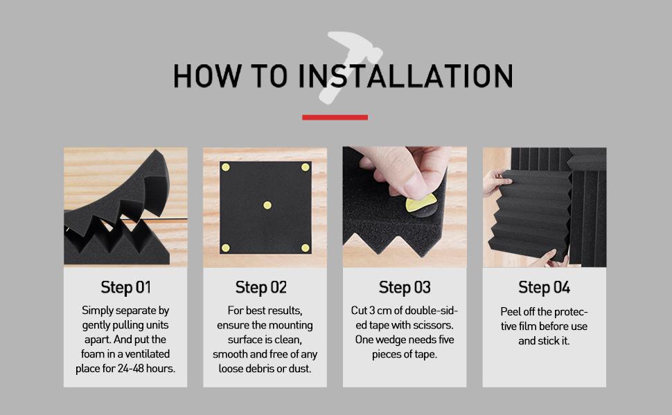 Soundproofing Focusound 6 Grooves 50 Packs Noise Reduction Foam Panels 2" x 12" x 12" with 300PCS Double-Side Adhesive. Noise-Cancelling Foam Panels optimize sound quality for room decoration, ideal for creators, streamers, and gamers. Room Accessories.