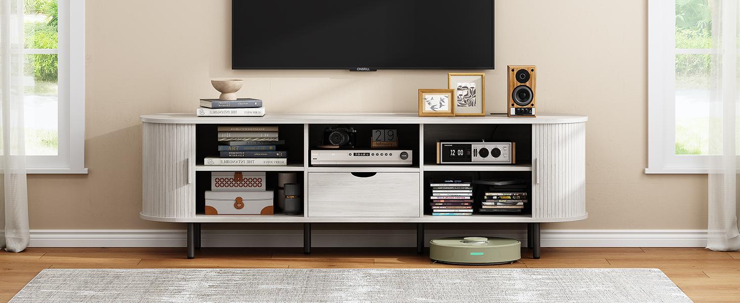【BackToSchool】ONBRILL Tv Stand With Storage And Shelves Designed To Fit 55’’ - 80’’ Tvs. Wood Entertainment Center For Living Room And Bedroom, Media Console And Modern Tv Console Table