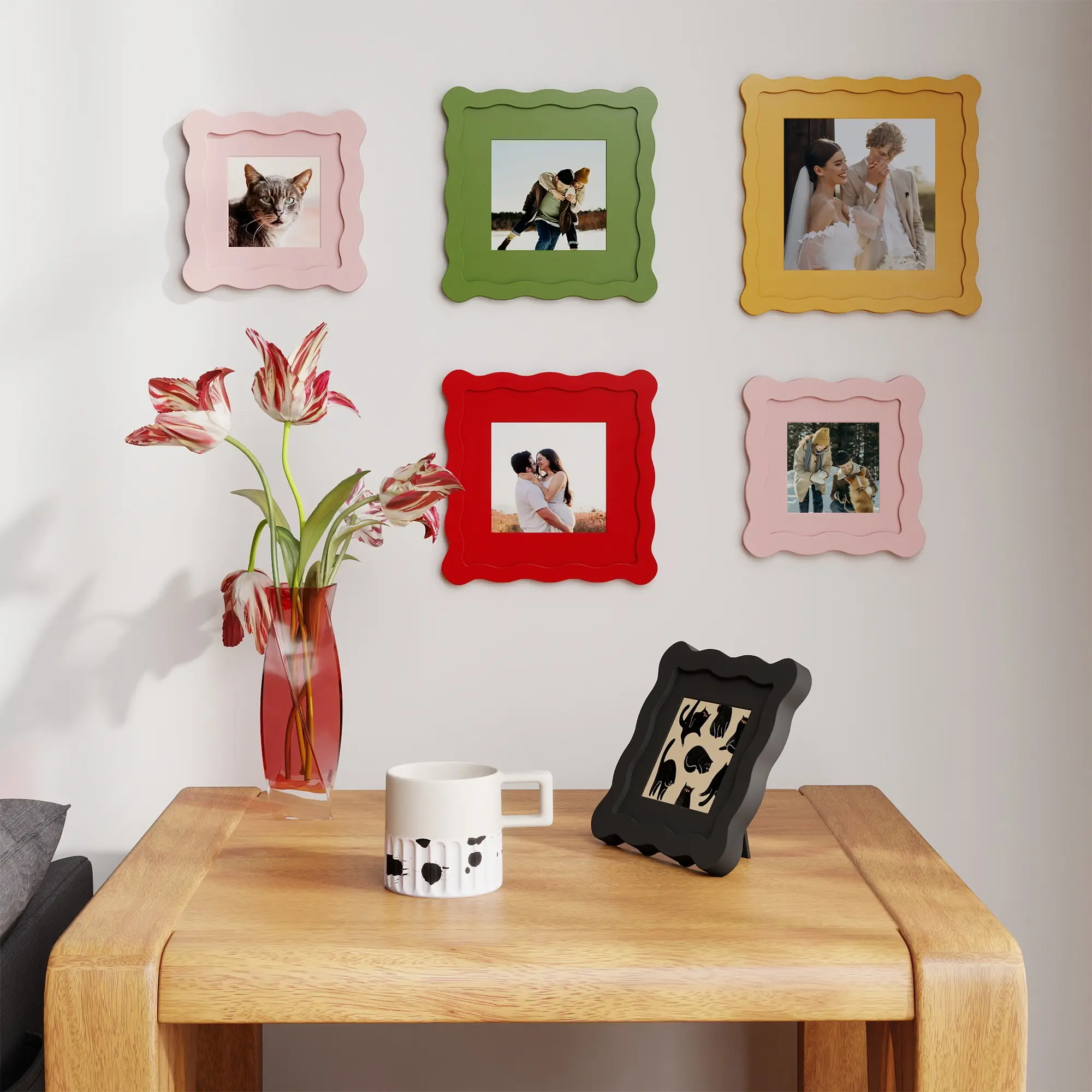 Wave Edge Wooden Photo Frame, Multi-Size Display, Wall & Desk Mount, Acrylic Board, Moisture Resistant, Fashionable Home Decor