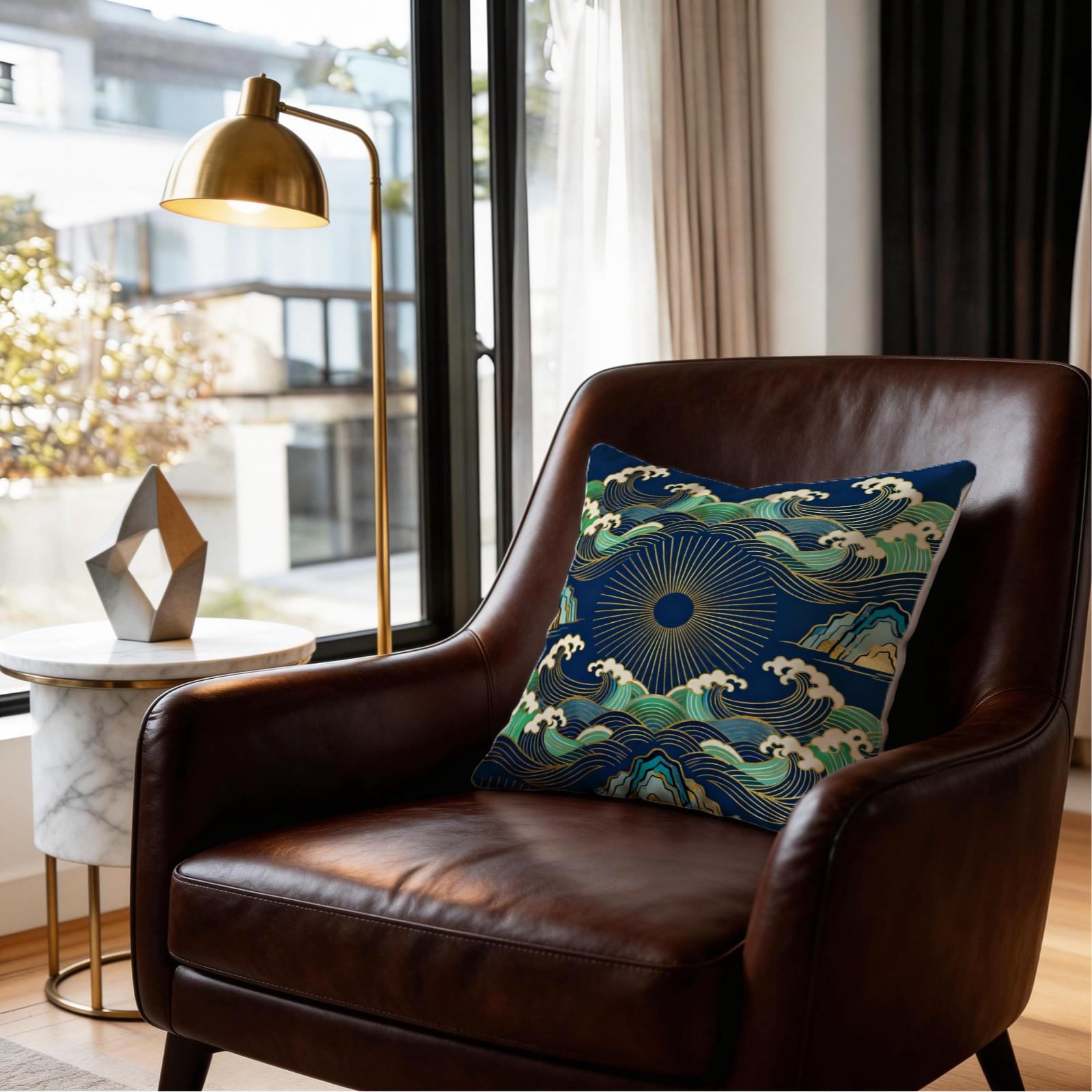 1 Piece Japanese Wave Sun Throw Pillow, Navy Blue Gold Foil Great Wave HD Digital Print Accent Pillow, Soft Plush Cushion with Hidden Zipper, Non-Fade Decor Pillow for Sofa Couch Bed, 18x18 Inch