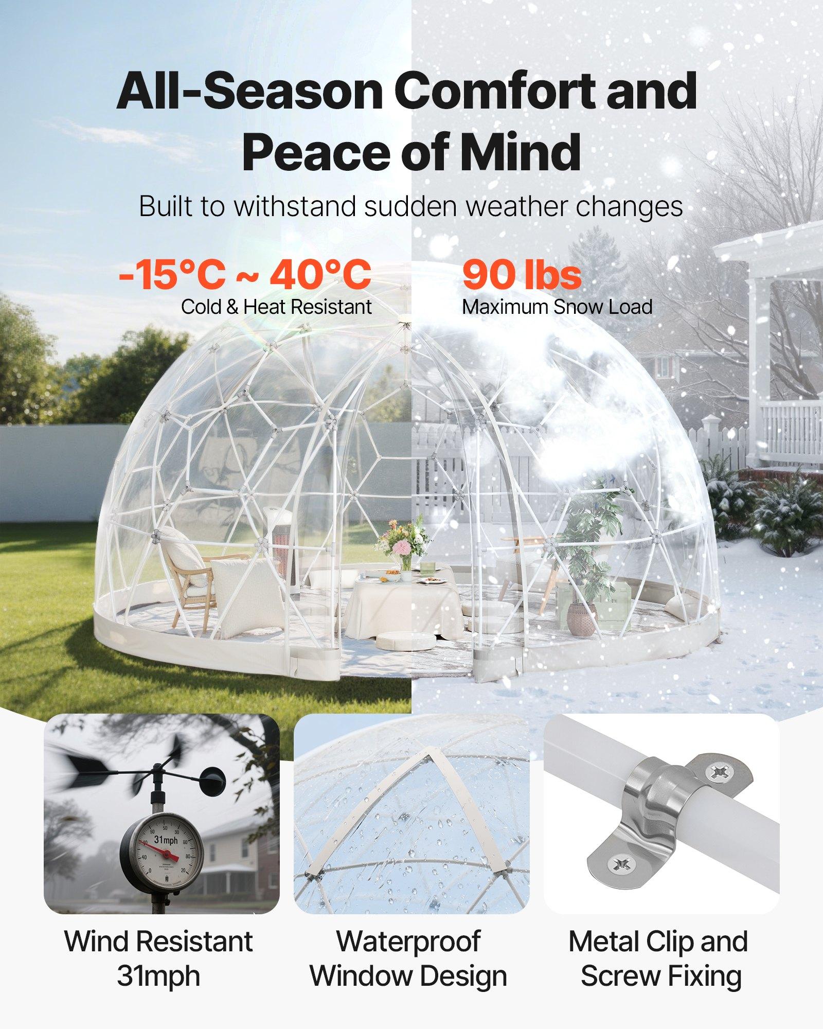 VEVOR Garden Dome Igloo, 12x 7.2 ft Outdoor Clear Bubble Tent for 4-7 Person, Weatherproof Geodesic Dome Greenhouse with Window, PVC Igloo Tent for Backyard Patios Camping Party Wedding