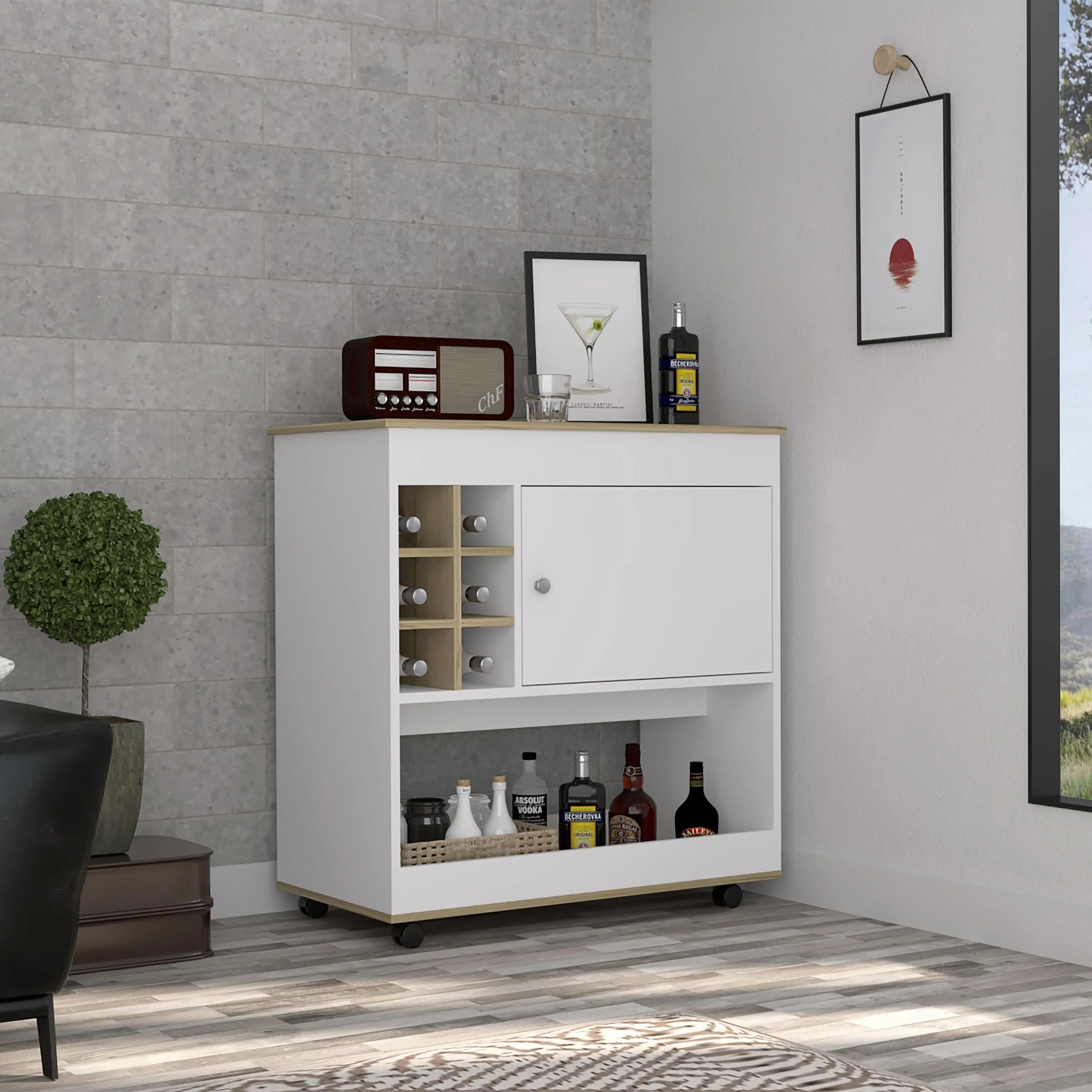 Rolling Bar Cart with Locking Wheels, 6-Bottle Wine Rack, Lower Shelf and Cabinet, Light Oak and White Finish, Mobile Serving Cart for Kitchen, Dining Room, Home Bar