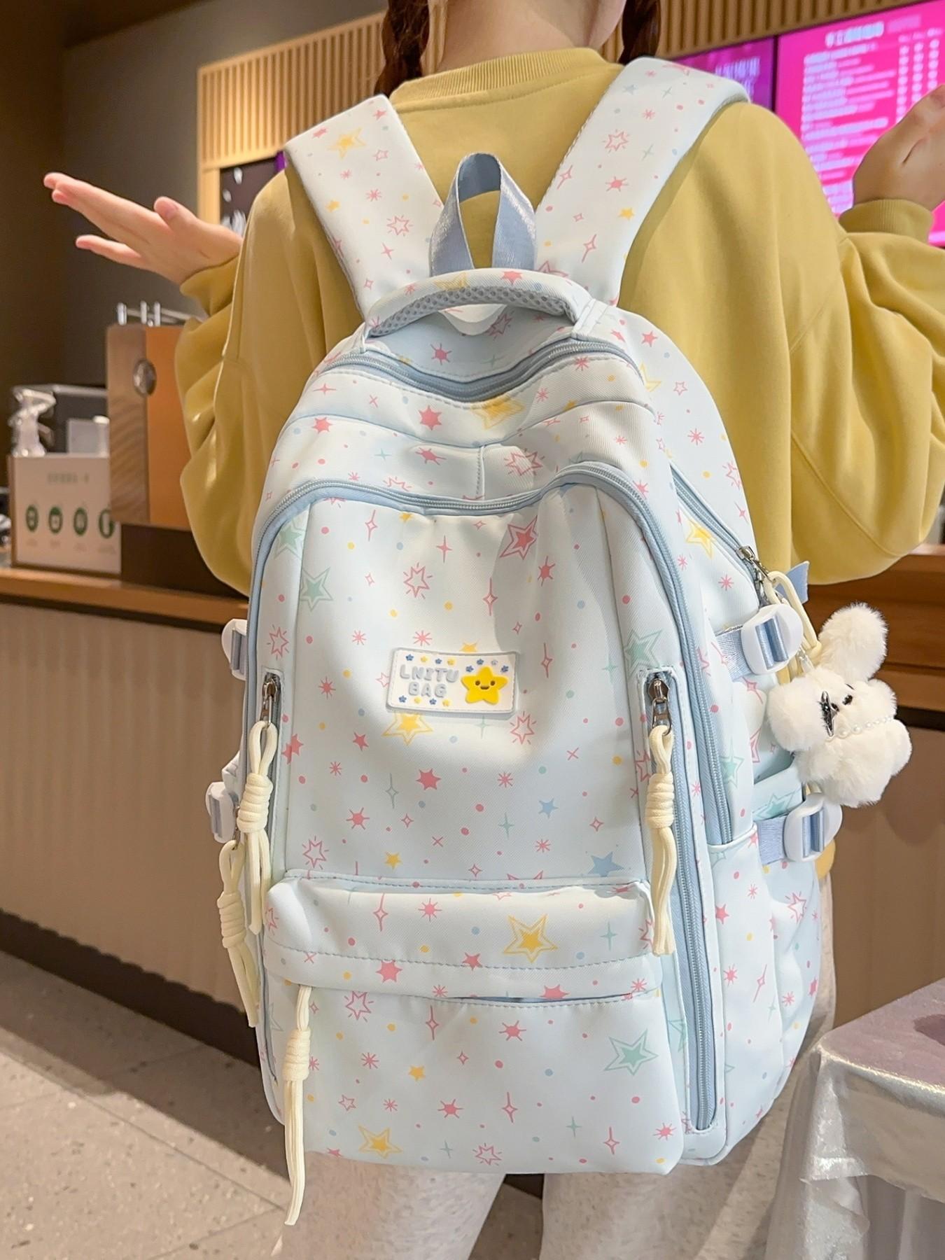 2026 New Cute Waterproof Fashion Star Pattern Backpack, High School Student Book Bag, Large Capacity Dual Shoulder Bag with Charm