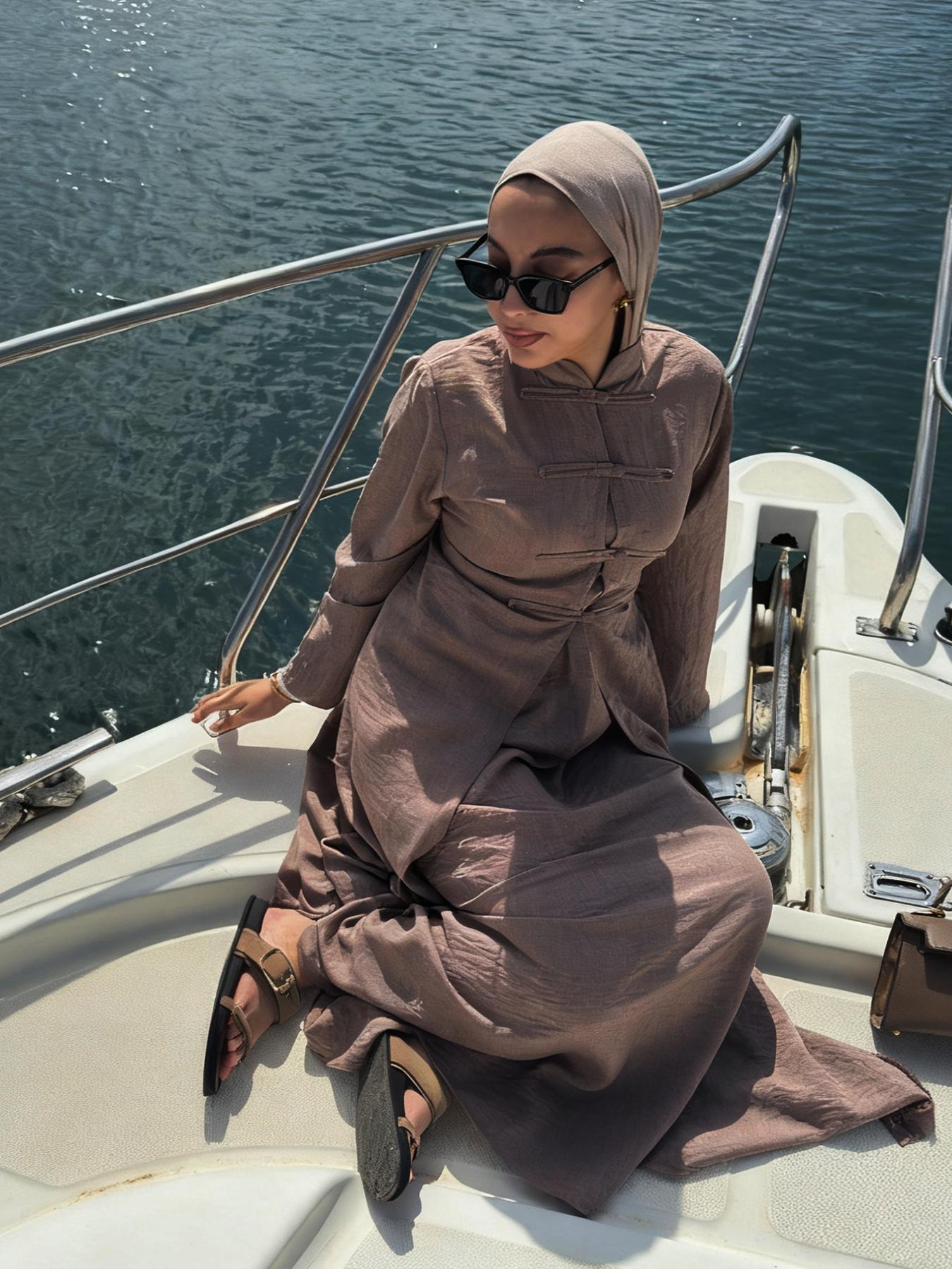Women's Ramadan Muslim Abaya Solid Color Elegant Cardigan + Long Sleeve Dress Set, Casual Slim-Fitting Two-Piece, Modest Muslim Outfits, No Hijab Included
