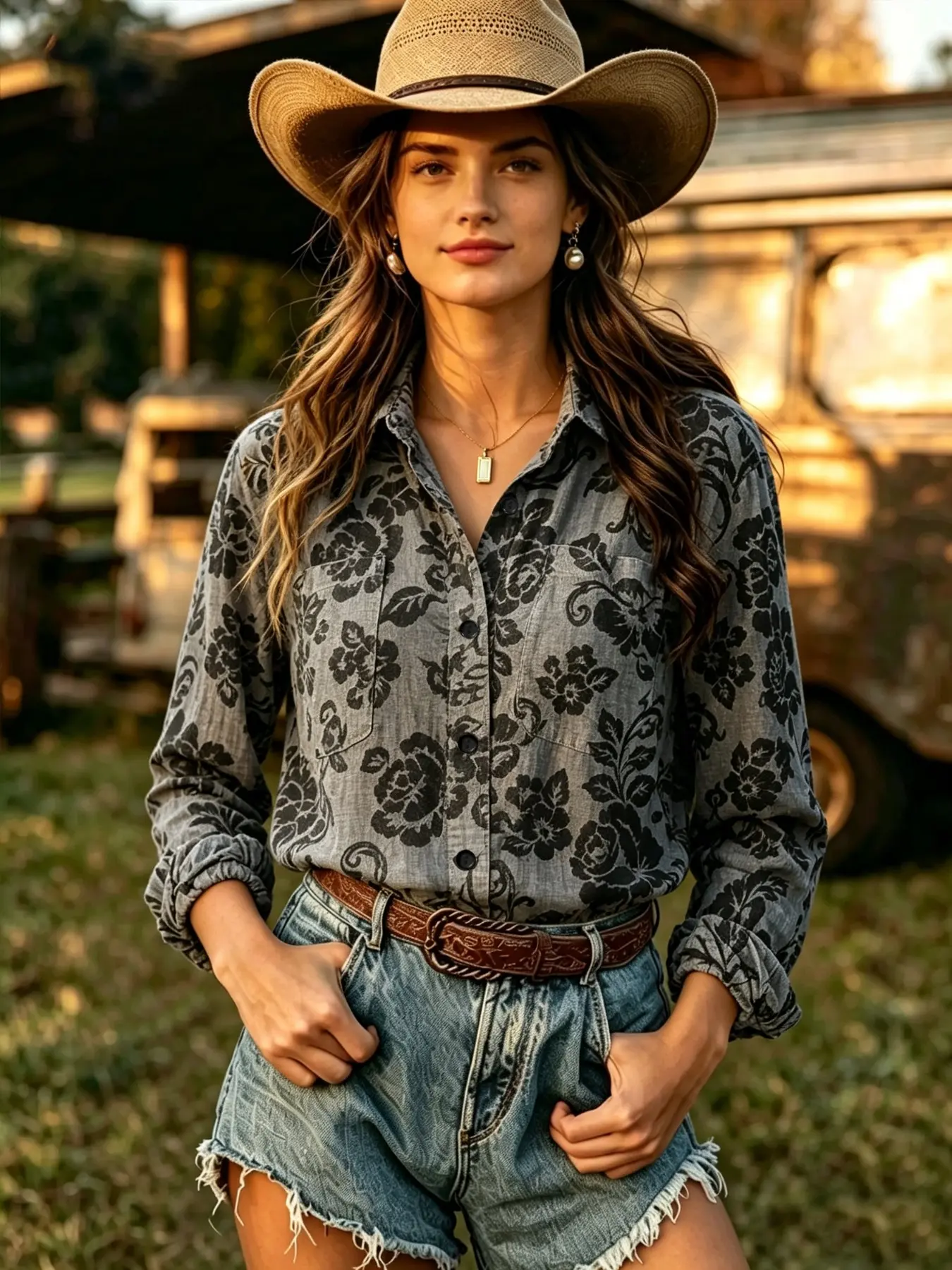 Vintage Floral Print Cotton Linen Breathable Shirt for Women, Loose Fit Casual Turn-Down Collar Long Sleeve Pocket Blouse, Spring Fall Style Top