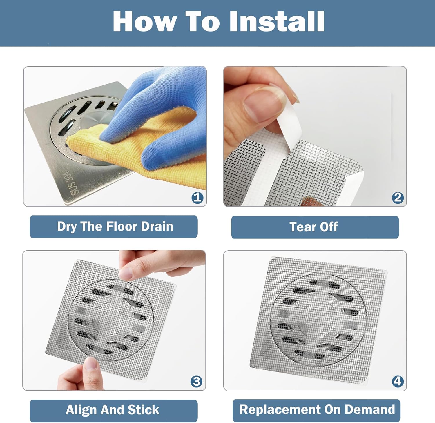 30 Counts Disposable Shower Drain Cover, Hair Catcher with Square Design, Mesh Stickers for Bathroom, Laundry, Bathtub, Sink, Adhesive Repair Tape Kit