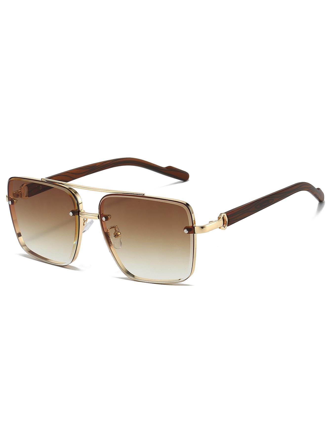 Men's New Full Frame Square Glasses, Retro Dual Bridge Design, Imitation Wood Texture Temples, Metal Frame, Classic Fashion Decorative Eyewear, Square Frames