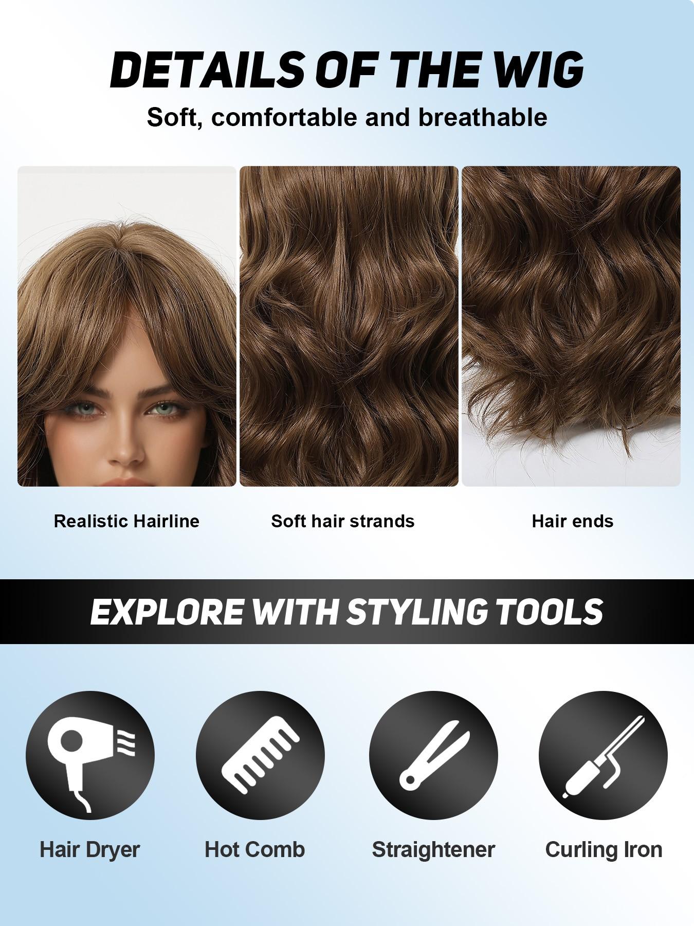 Medium Wavy Lob Wig with Bangs, Heat Resistant Synthetic Hair, Curly Medium Length Wig, All Seasons Wearable, Wavy Synthetic Wigs, Heat Friendly Wig