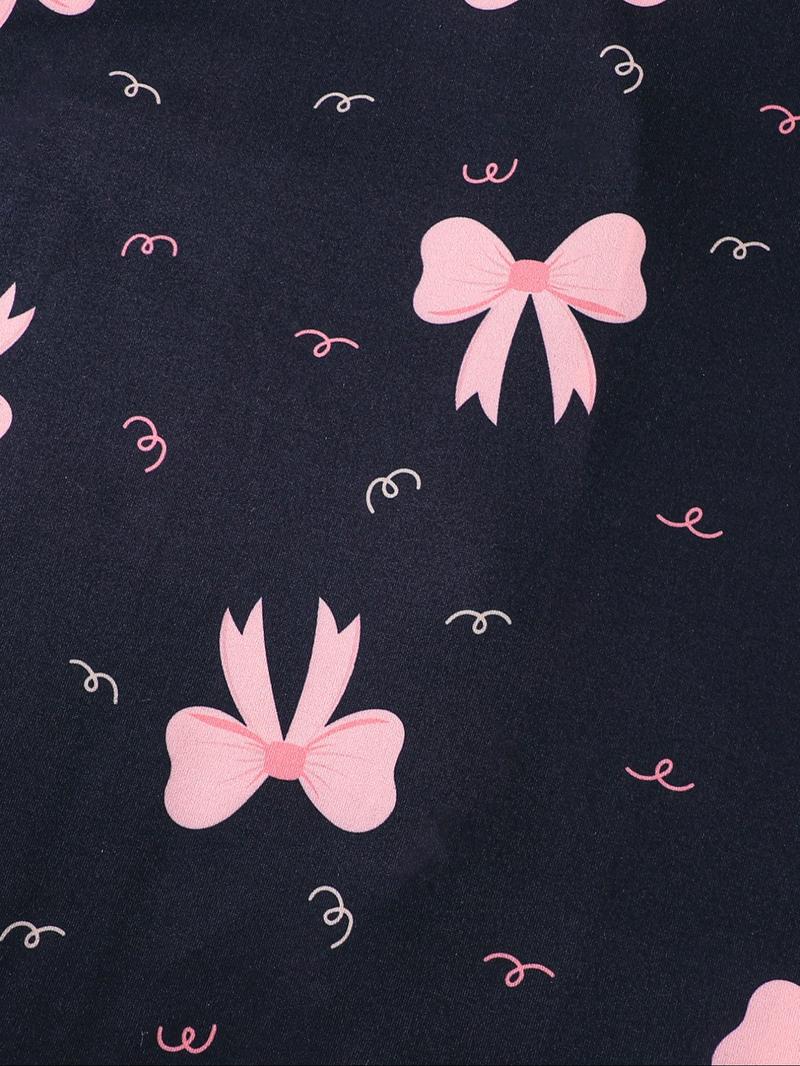 Sweet Bow Print Kids Pajama Set, Base Fitted Short Sleeve Top & Elastic Waist Shorts, Casual Home Wear for Girls