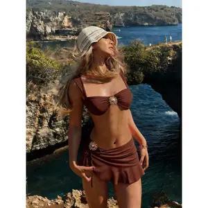 Valentine'S Day Three-Piece Solid Color Skirt Bikini Set, Wide Shoulder Straps with Underwire Design Bring Comfortable Support to Women, Creating a Stylish Beach Look, Perfect for Summer Beaches And Pool Parties