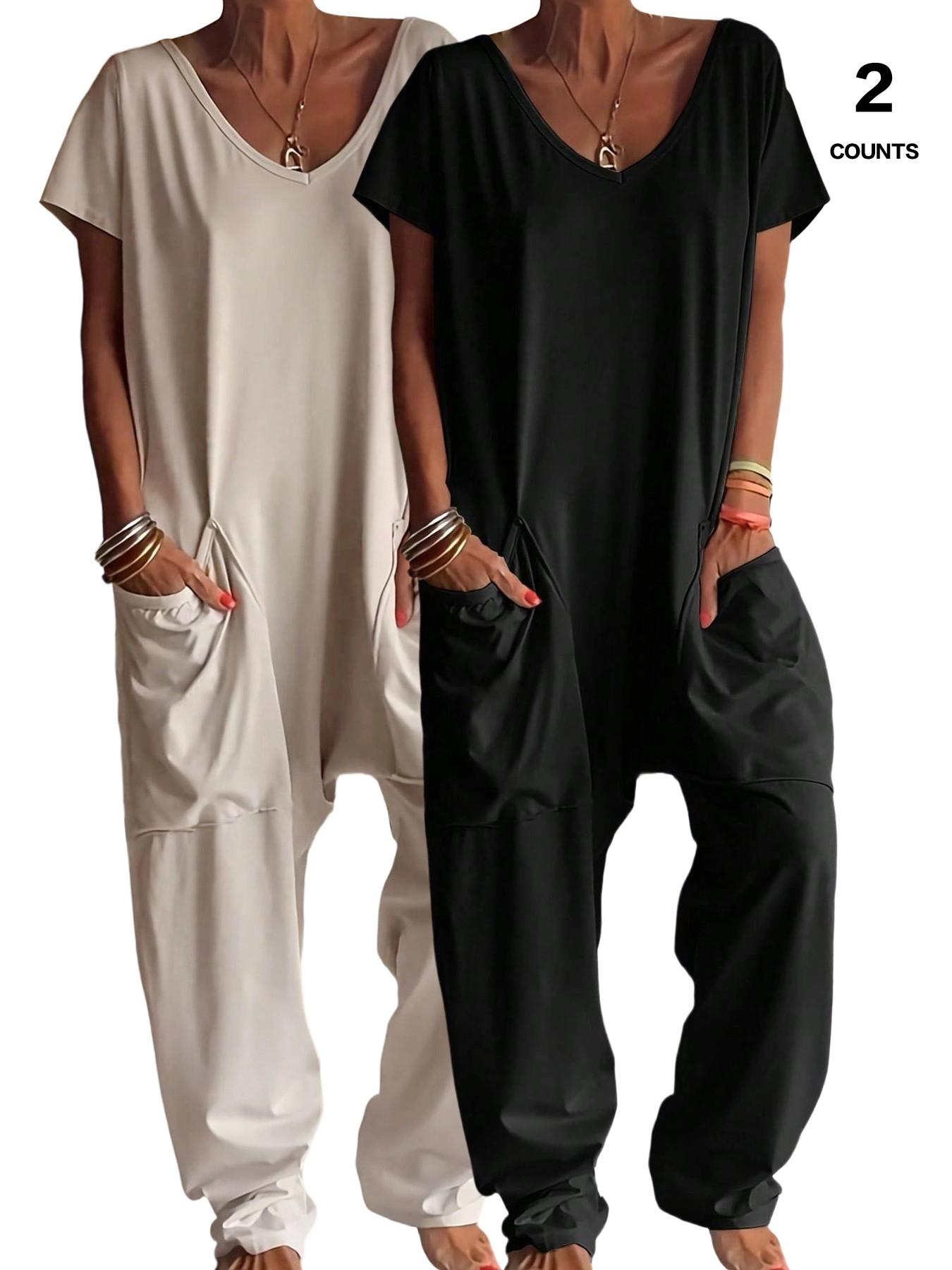 2026 Women's Casual Oversized Jumpsuit, Casual Jumpsuits, Short-Sleeve Batwing V-Neck Harem Pants With pockets, Loose Fit Wide Leg, Perfect for All Seasons, Stylish & Comfortable，Suitable for Daily Home Wear and Fashionable for Outings