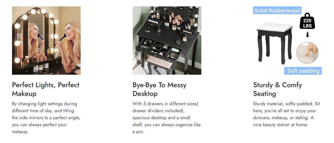 Sikaic Makeup Vanity Set With Lighted Mirror Stool Drawers And Cushioned Stool Vanity Desk with Adjustable Lights Furniture Bedroom