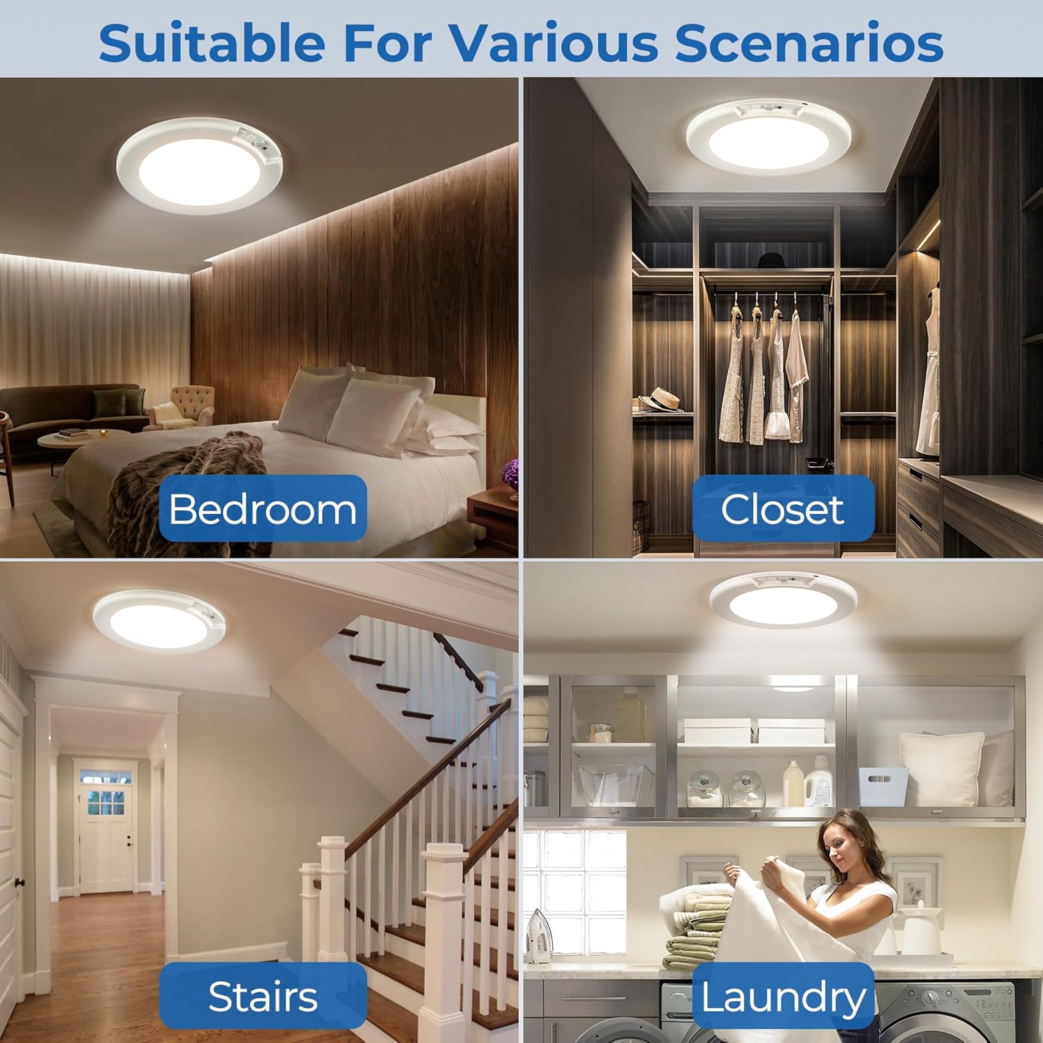 Rechargeable Motion Sensor Ceiling Light - 2 Pack Battery Operated New Light w/ Remote | Ultra-Thin | 400LM Magnetic Suction Wireless Lights, for Closets, Indoor, Stairs, Hallway, Shower