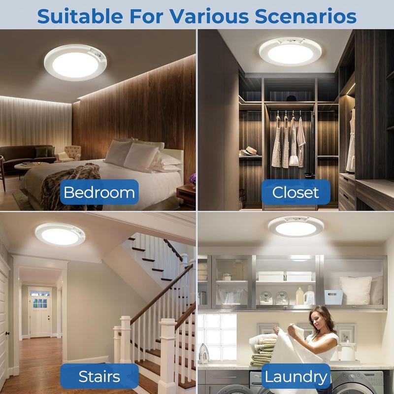 Rechargeable Motion Sensor Ceiling Light - 2 Pack Battery Operated New Light w/ Remote | Ultra-Thin | 400LM Magnetic Suction Wireless Lights, for Closets, Indoor, Stairs, Hallway, Shower