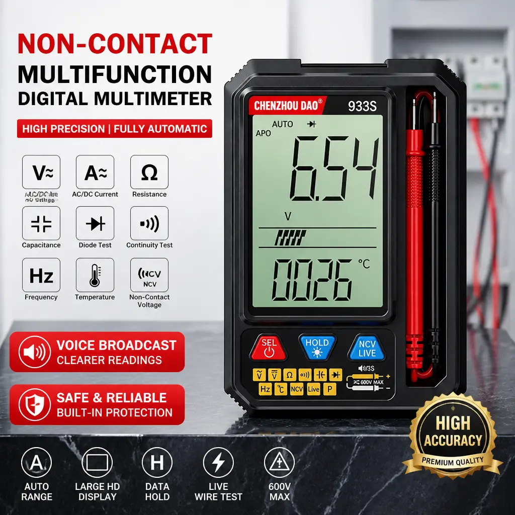 933S Smart Digital Multimeter with Voice Function, Auto‑Range Multi‑Tester, Non‑Contact Voltage Detection for Household Circuit Maintenance