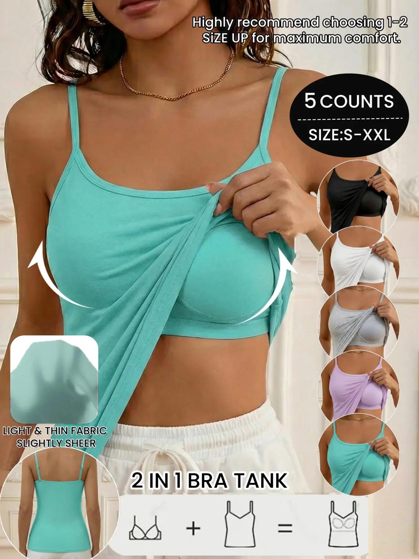 Camisole Tops for Women's Built in Bra,Adjustable Strap Soft Stretch Undershirt Tanks,Seamless Layering Tops,Casual Yoga Daily Wear,All Seasons,Sleeveless