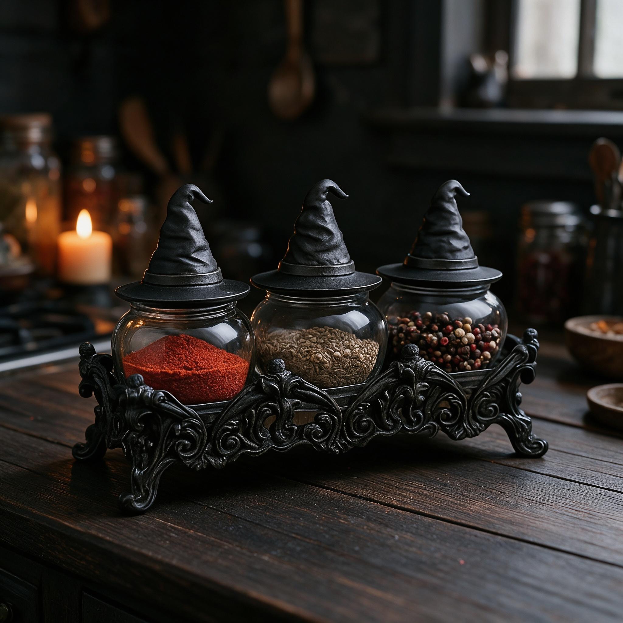 Three Witch Potion Jar Spice Storage Set Gothic Jar Bodies with Handmade Vintage Glass Witch Hat Lids, It Balances Decorative Appeal And Practicality, Serving As Ideal Gifts for Halloween And Easter, And Is Suitable for Gothic-themed Kitchens.