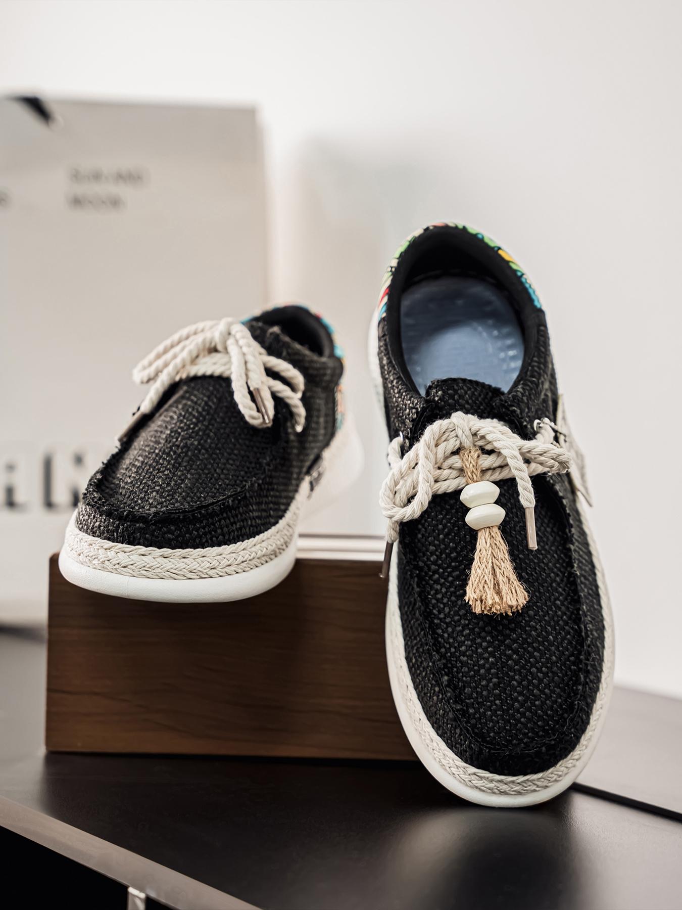 Summer New Men's Linen Shoes, Breathable Non-Stuffy, Colorblock Geometric Pattern, Fringe Decor, Retro Ethnic Style, Comfortable Thick Sole