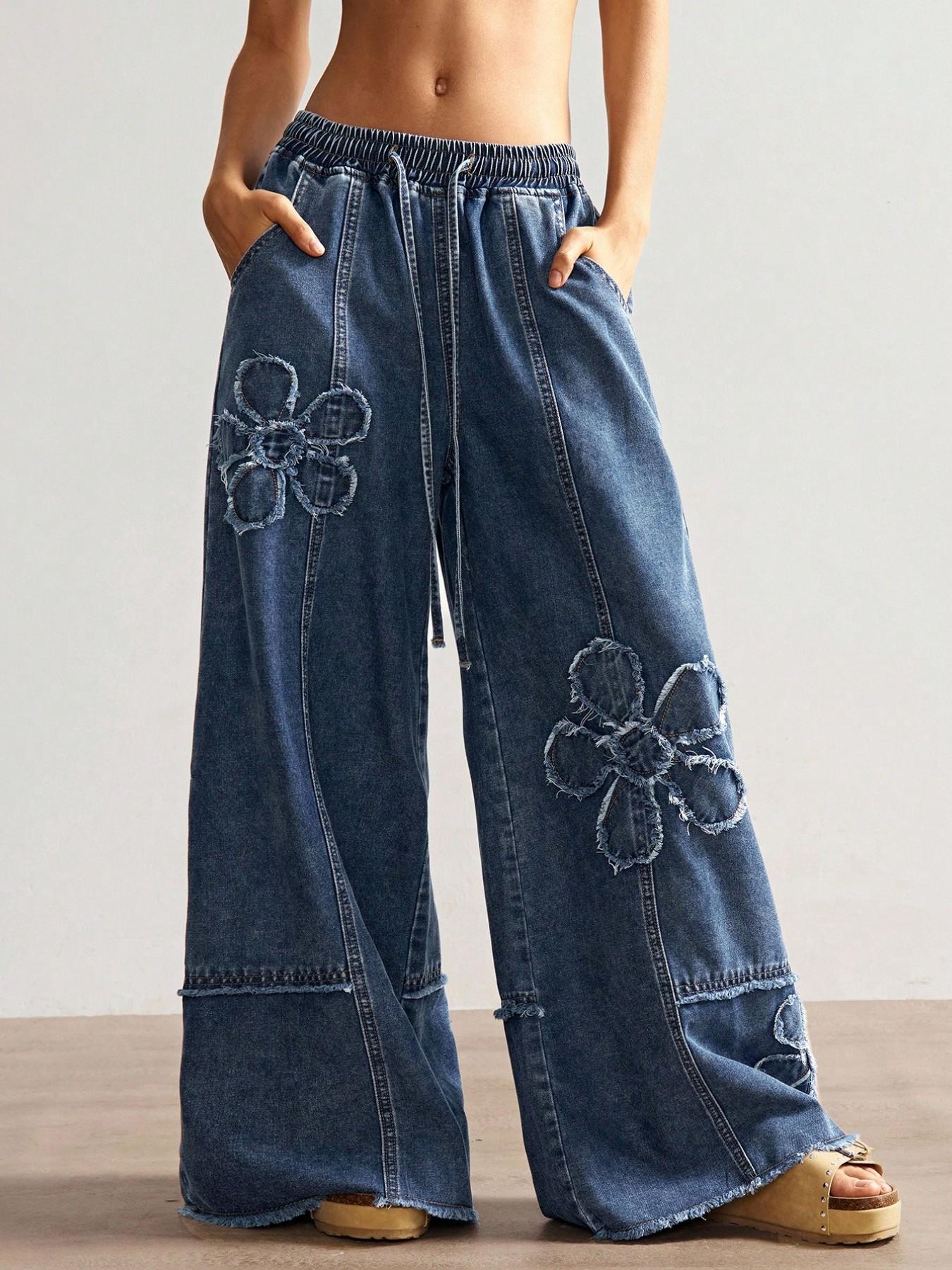 Boho Style Women's Casual Solid Wide Leg Jeans, Loose Fit Denim Jeans with Embroidery Pattern, Comfortable and Stylish Everyday Wear