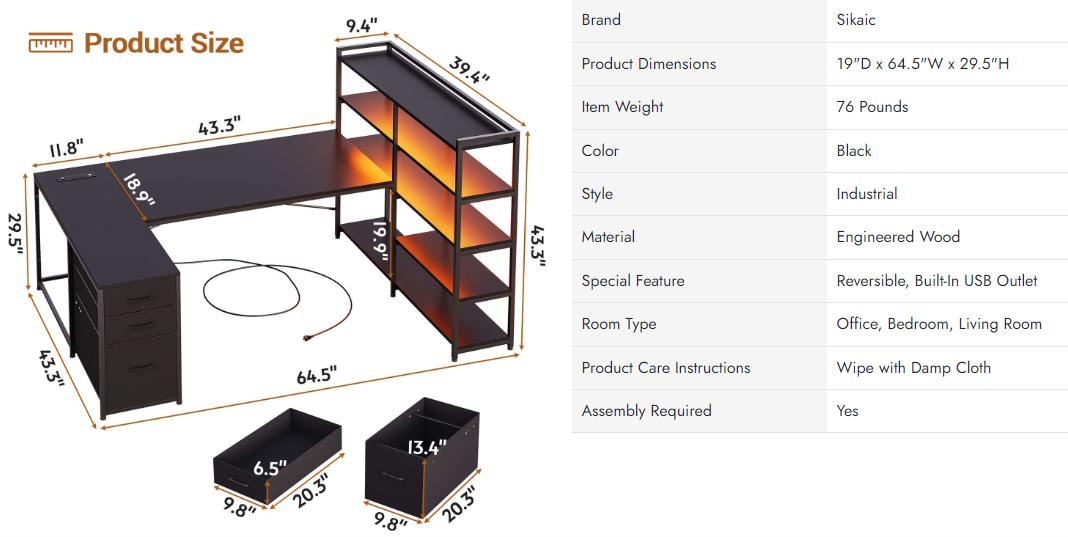 Sikaic L Shaped Gaming Desk, Reversible U Shaped Computer Desk with Power Outlet and Storage Shelves, Corner Gaming Desk with LED Lights, 3 Fabric Drawers, Black