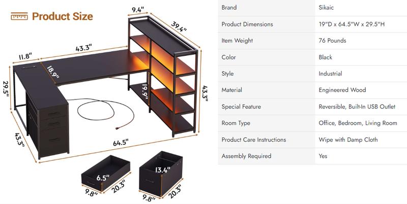 Sikaic 64.5 inches Reversible L Shaped Desk with Storage Shelves U Shaped Gaming Desk with 3 Drawers Power Outlet & LED Strip Ergonomic Chair Game Chair