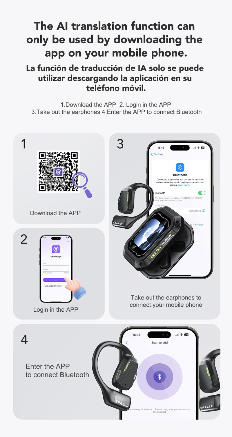 ERAZER XP6 Translation Wireless Earbuds With APP Bluetooth 5.4 Earphones,LED Lights Touchscreen, Built-in Mic ,High-quality sound Translate Earbuds, Clear call,30H Playtime Earphones,for Gym Running Workout