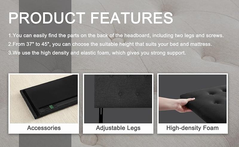 Tufted Upholstered Headboard Twin/Full/Queen/King Size, Solid Wood Head Board with Durable Metal Legs, Adjustable Height Bed headboard from 37” to 51” Fabric Headboard in Modern Button Design